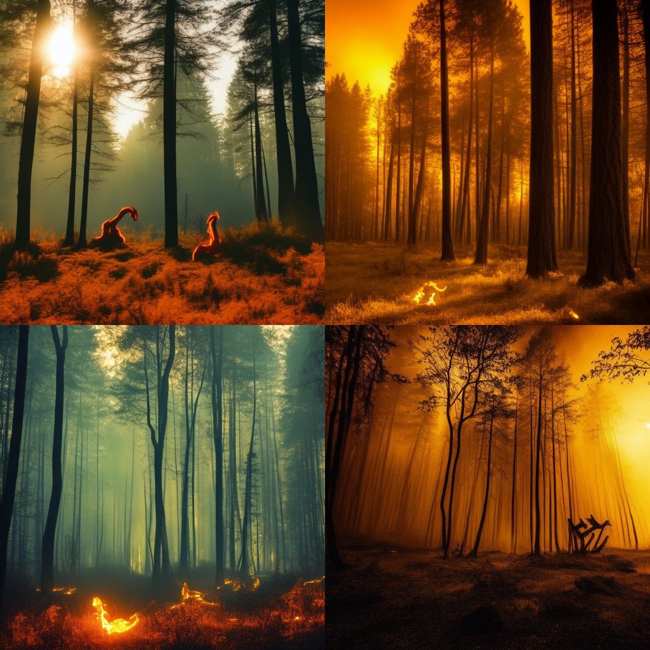 Mysterious Fire Creatures in Golden Hour Forest