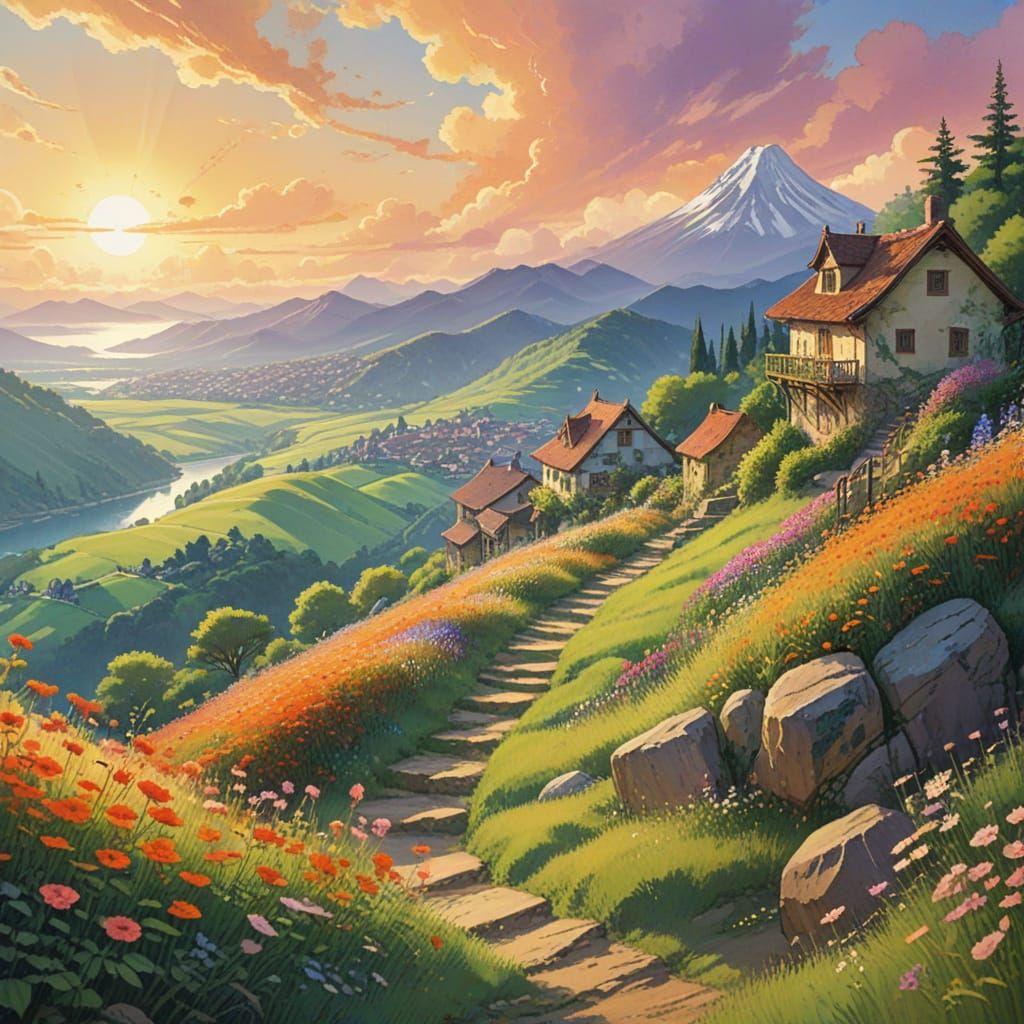 Anime Village Scene in Studio Ghibli Watercolor Style