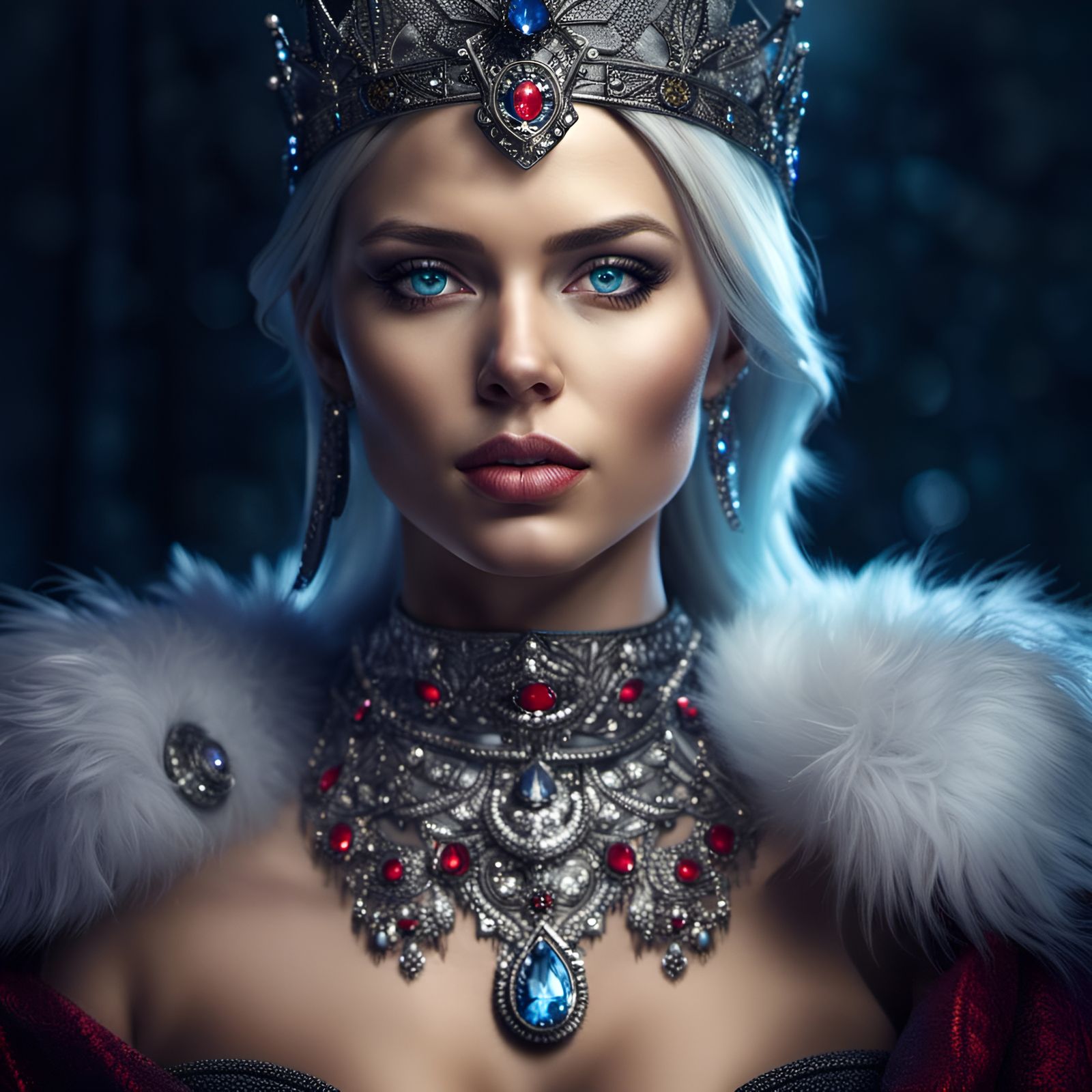 Stunning Queen on Silver Throne in Hyperrealistic Style