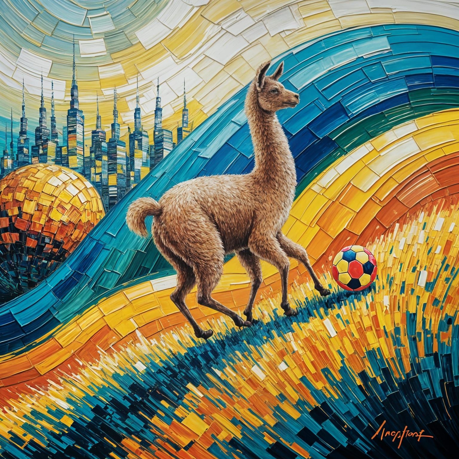 Llama Playing Soccer as Impasto Oil Painting