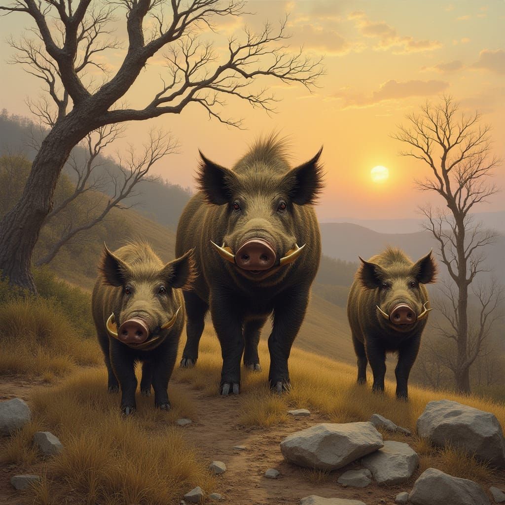 Majestic Swine Roam a Dawn Landscape with Gnarled Trees and ...