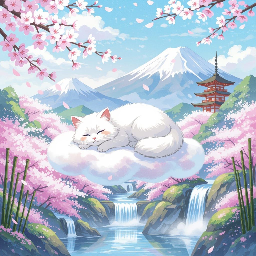Fluffy Cat Sleeps on Cloud in Dreamy Watercolor Sky