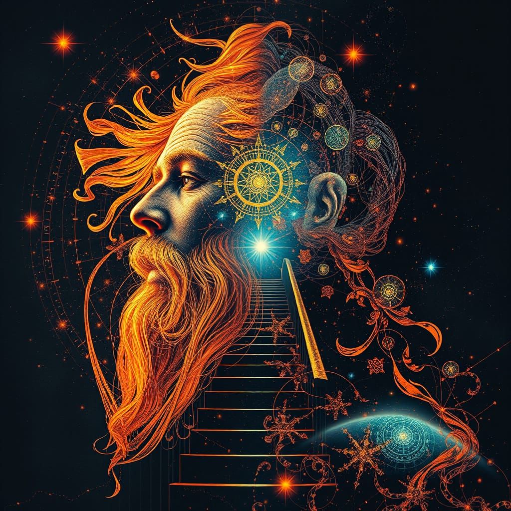 Cosmic Prophet in Double Exposure with Celestial Map