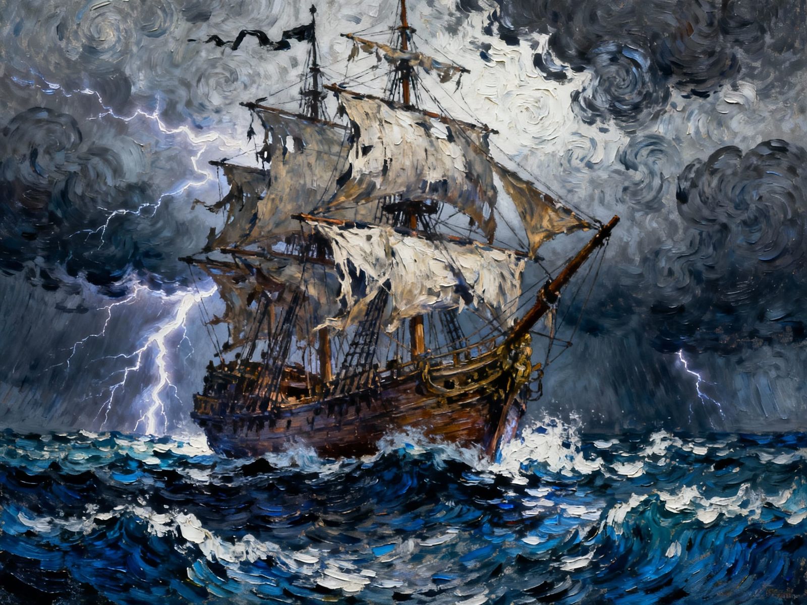 Pirate Ship Navigates Stormy Seas in Impasto Oil Painting