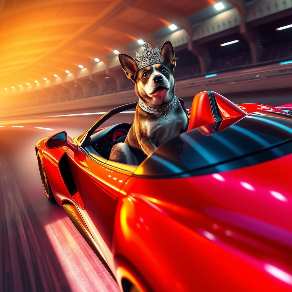 Cyberpunk Dog in Ferrari Speeds on Neon-Racetrack