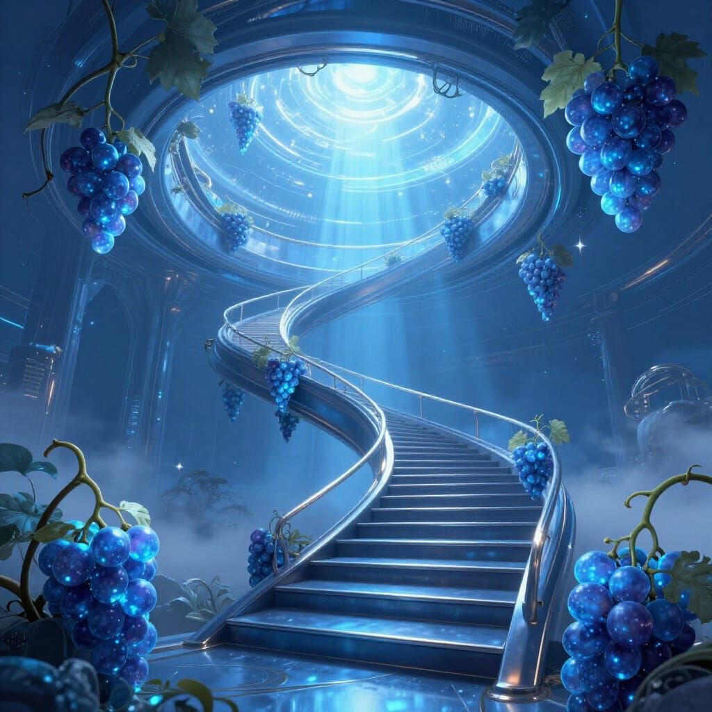 Surreal Blue Sci-Fi Landscape with Celestial Gateway