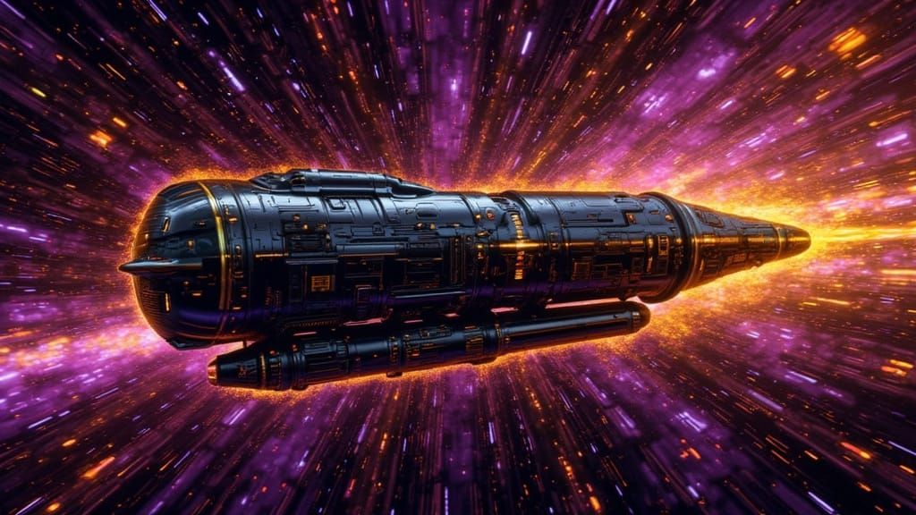 Klimt-Inspired Spaceship Streaking Through Nebula