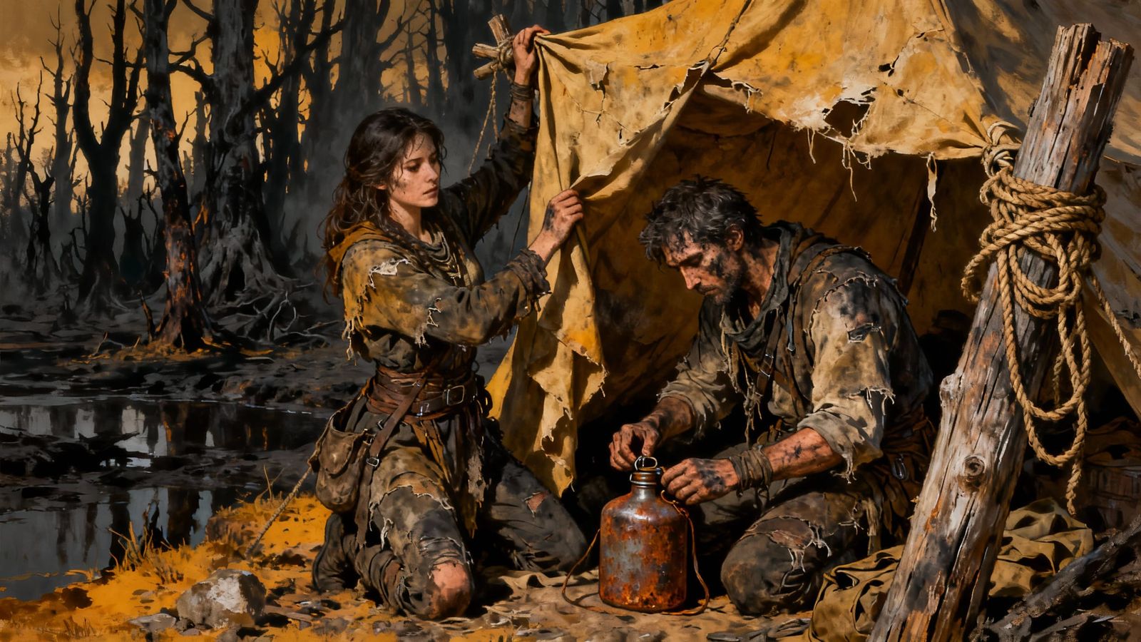 Nomads Camp Near Barren Forest in Post-Apocalyptic Style