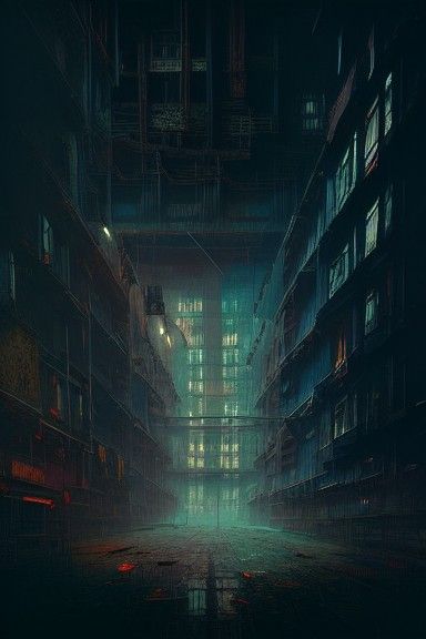 Detailed Cityscape Painting with Neon Lights