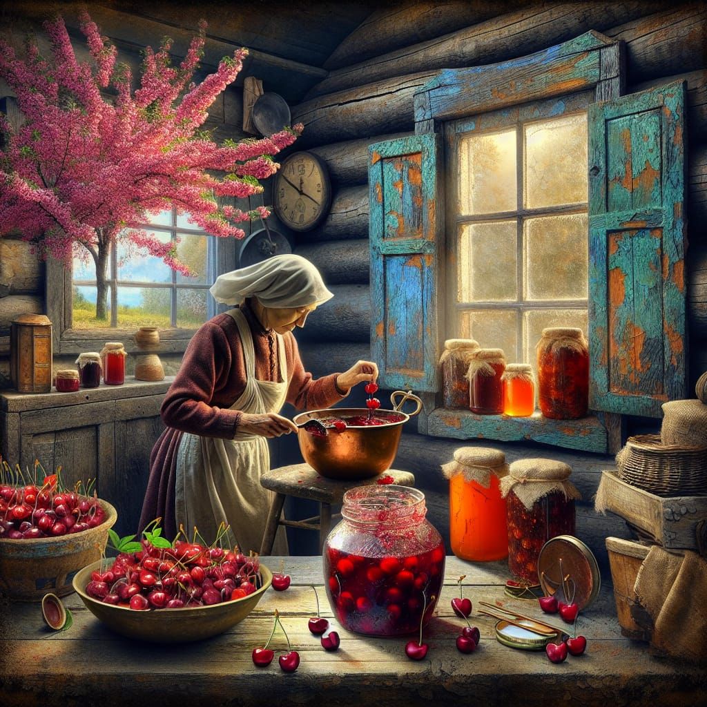 Rustic Kitchen: Cherry Jam in Oil Painting Style