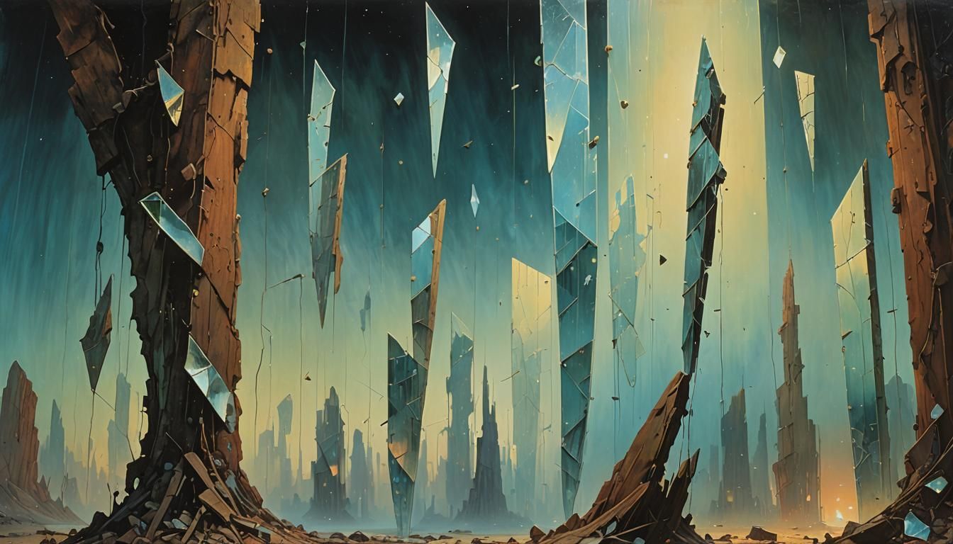 Eerie Mirror Shards Reflecting Ghostly Figures