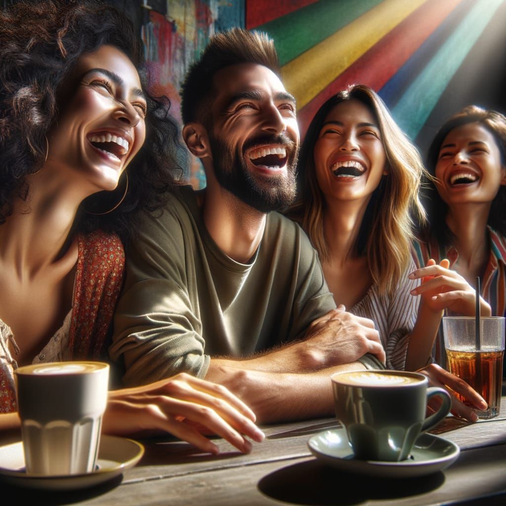 Diverse Friends Laughing Together at a Sunny Cafe Table