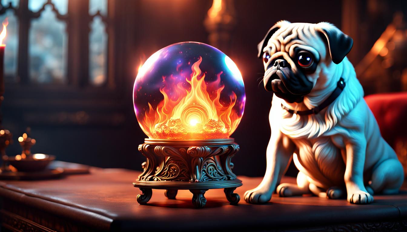 Pug Gazing into a Fiery Crystal Ball
