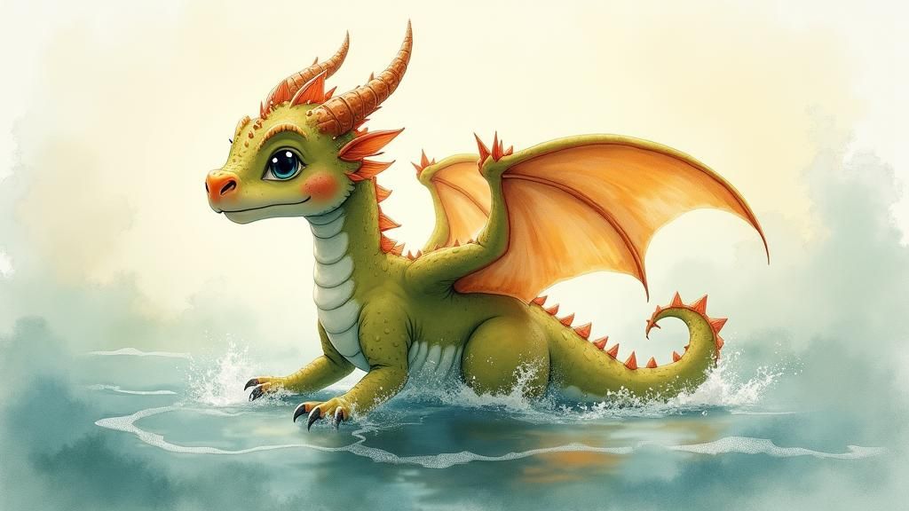 Baby Dragon Frolicking by the Sea in Watercolour