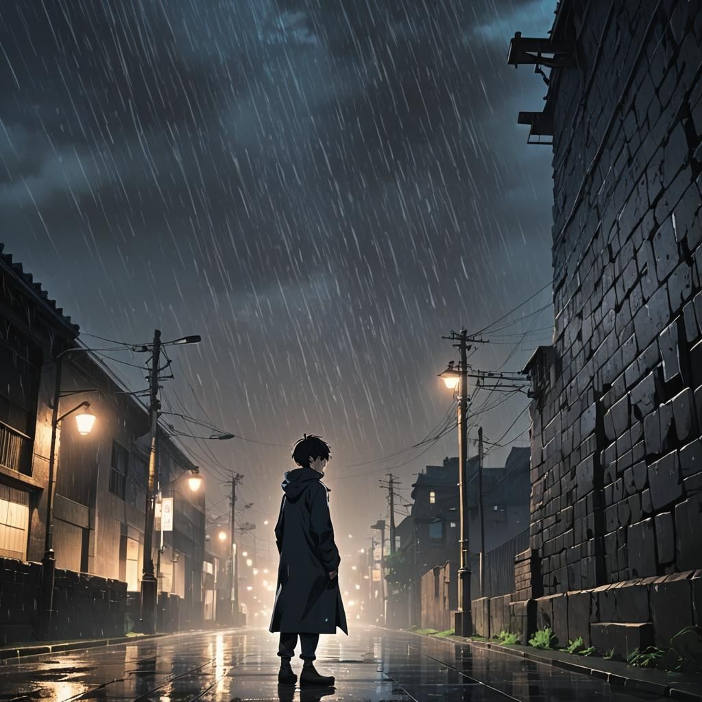 Dark Anime Figure in Rain: Key Visual