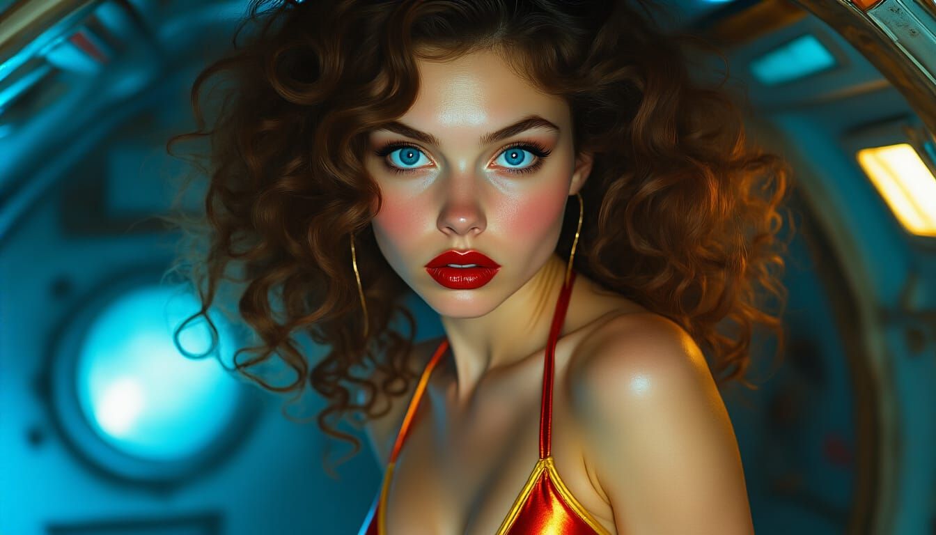 Russian Woman Poses in Spaceship with Intimate Lighting
