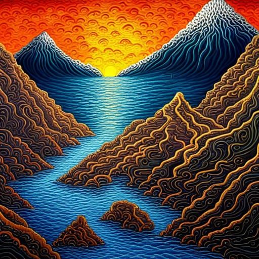 Volcanic Island Eruption with Japanese Waves in Surreal Styl...