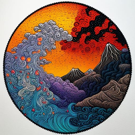 Volcanic Island Eruption with Japanese Waves