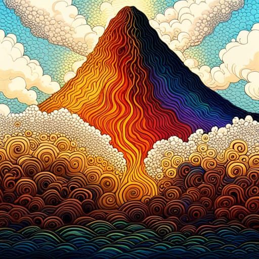 Volcanic Island Eruption with Japanese Waves