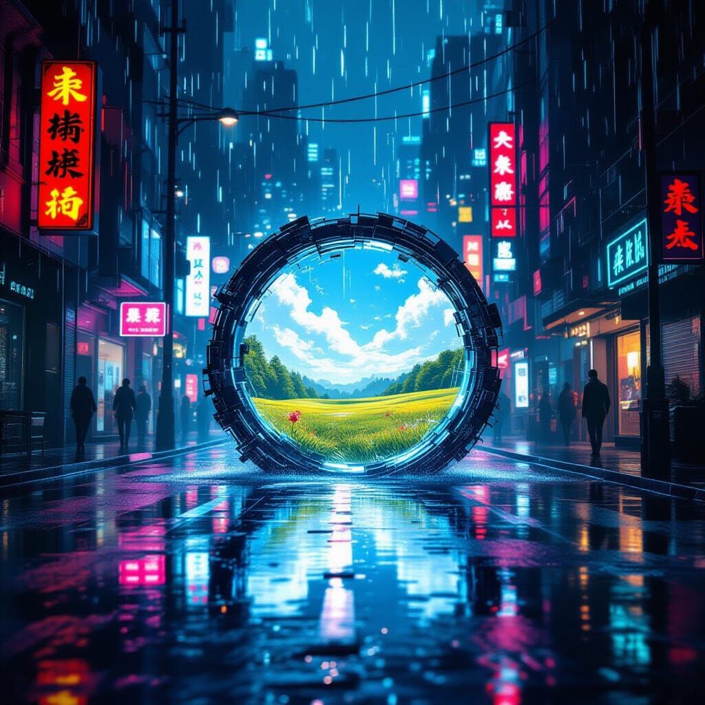 Cyberpunk City Portal Reveals Sunny Meadow