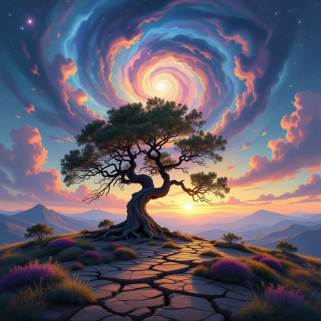Ancient Tree Under Cosmic Sky in Surreal Style