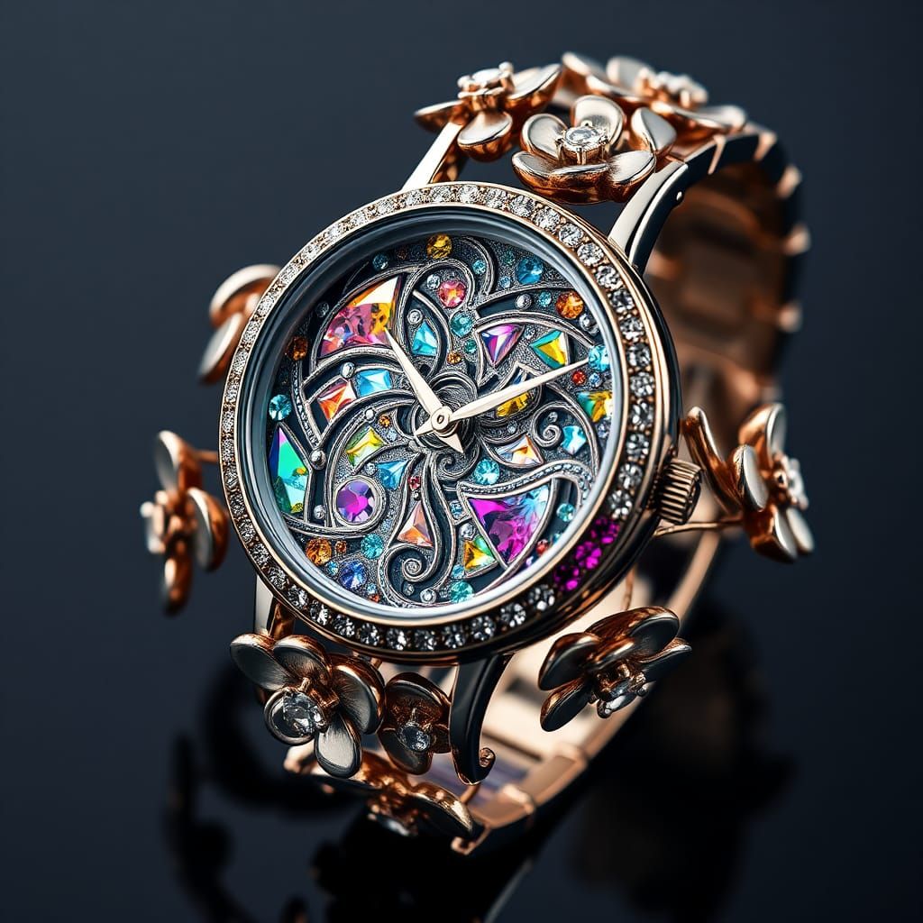 Diamond Ladies Watch with Surrealist Floral Band