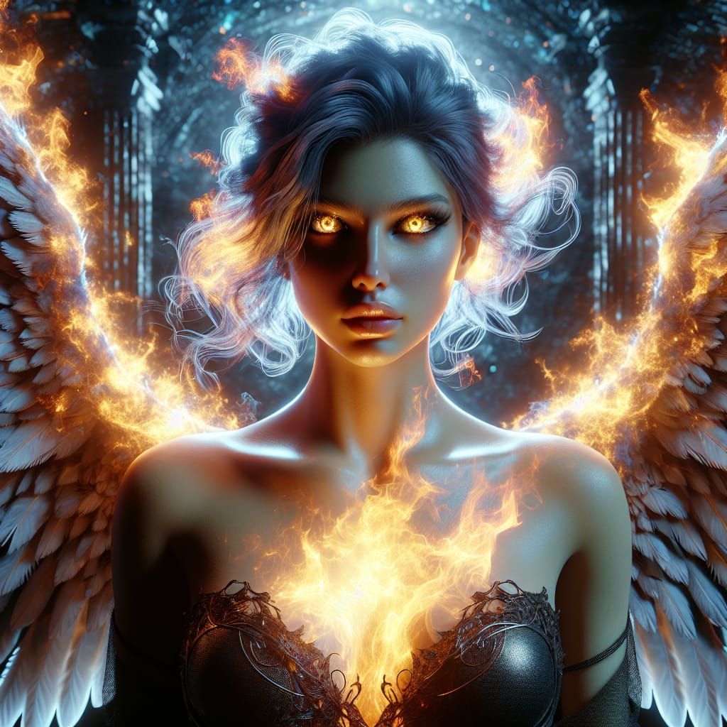 Fiery Angel with Golden Eyes in 3D Render