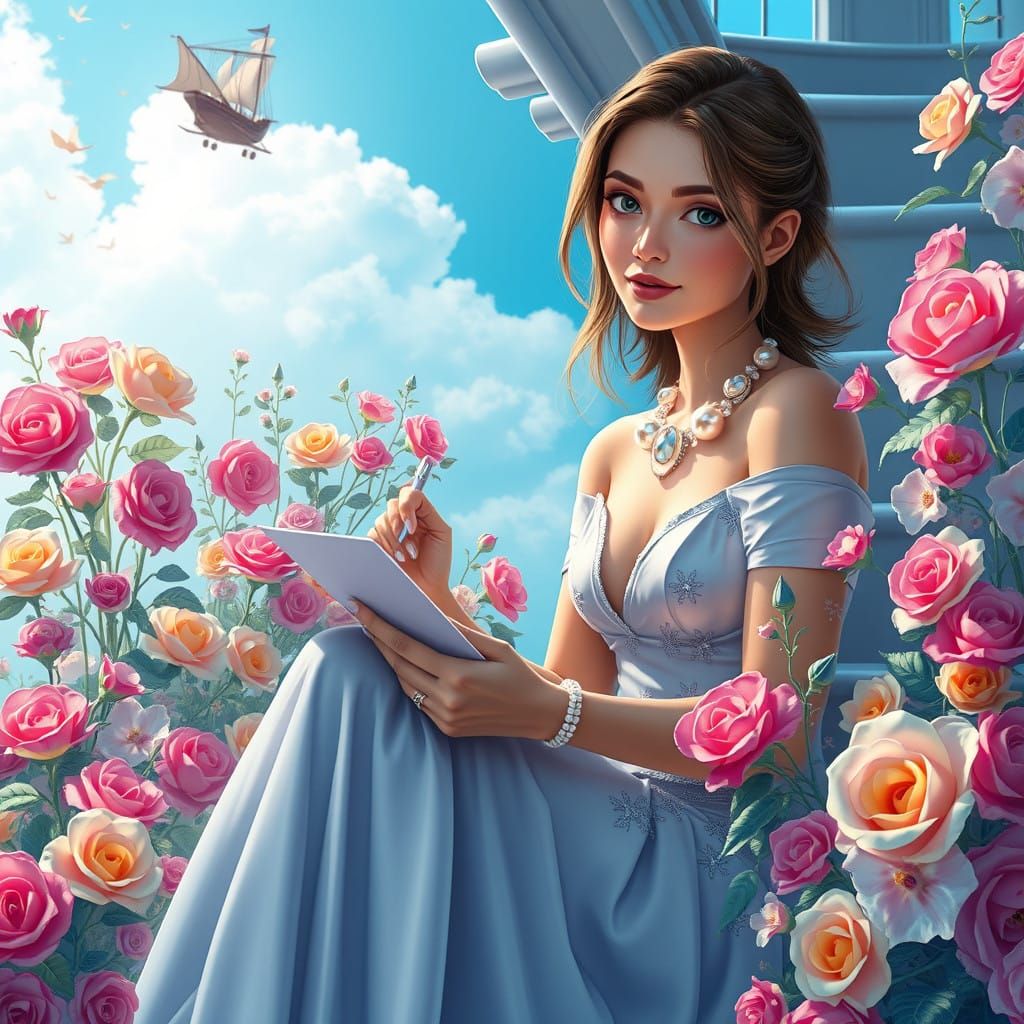 A Young Woman in a Victorian-Inspired Setting with Vibrant F...