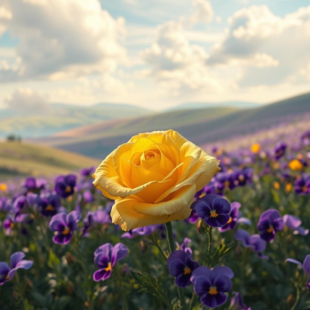 Yellow Rose in Purple Pansies: Dreamlike Digital Art