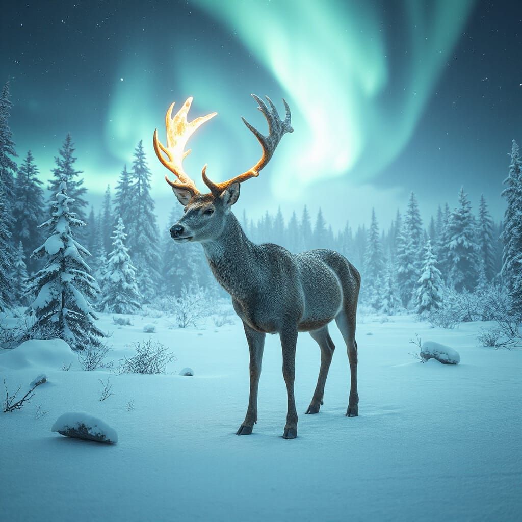 Crystal Antler Deer in Aurora Forest: Hyper-Realistic 3D