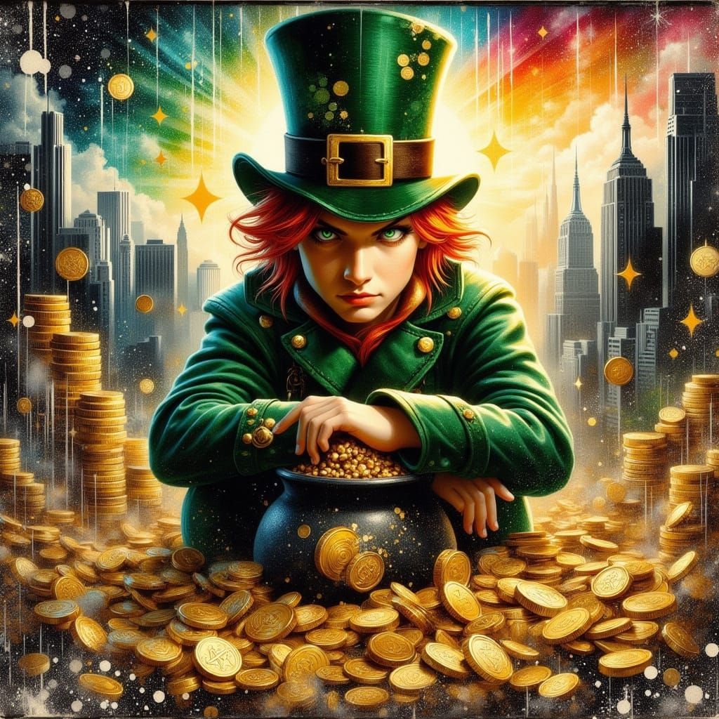 Enigmatic Redhaired Leprechaun Surrounded by Treasure