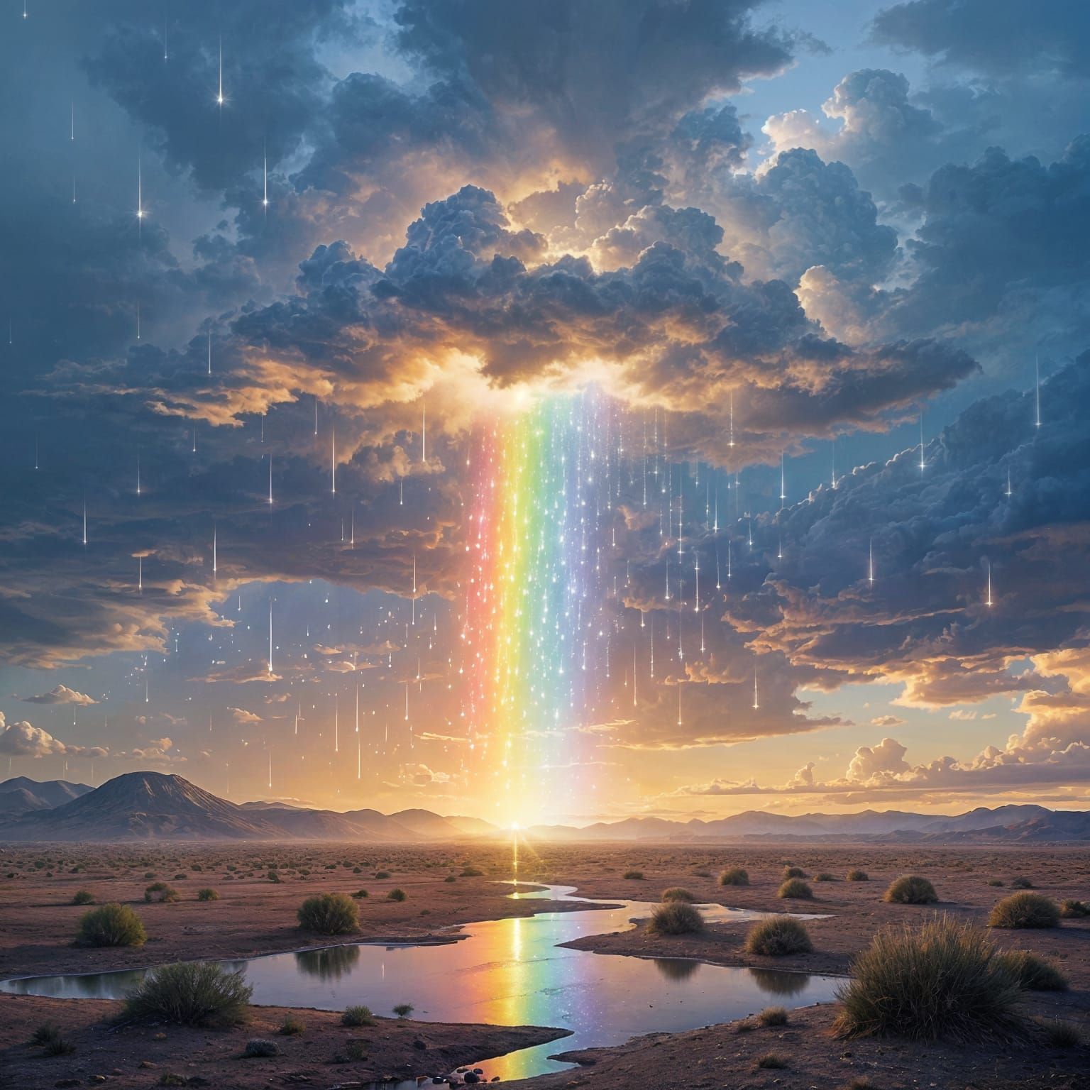 Rainbow Cloud Rains on Desolate Landscape