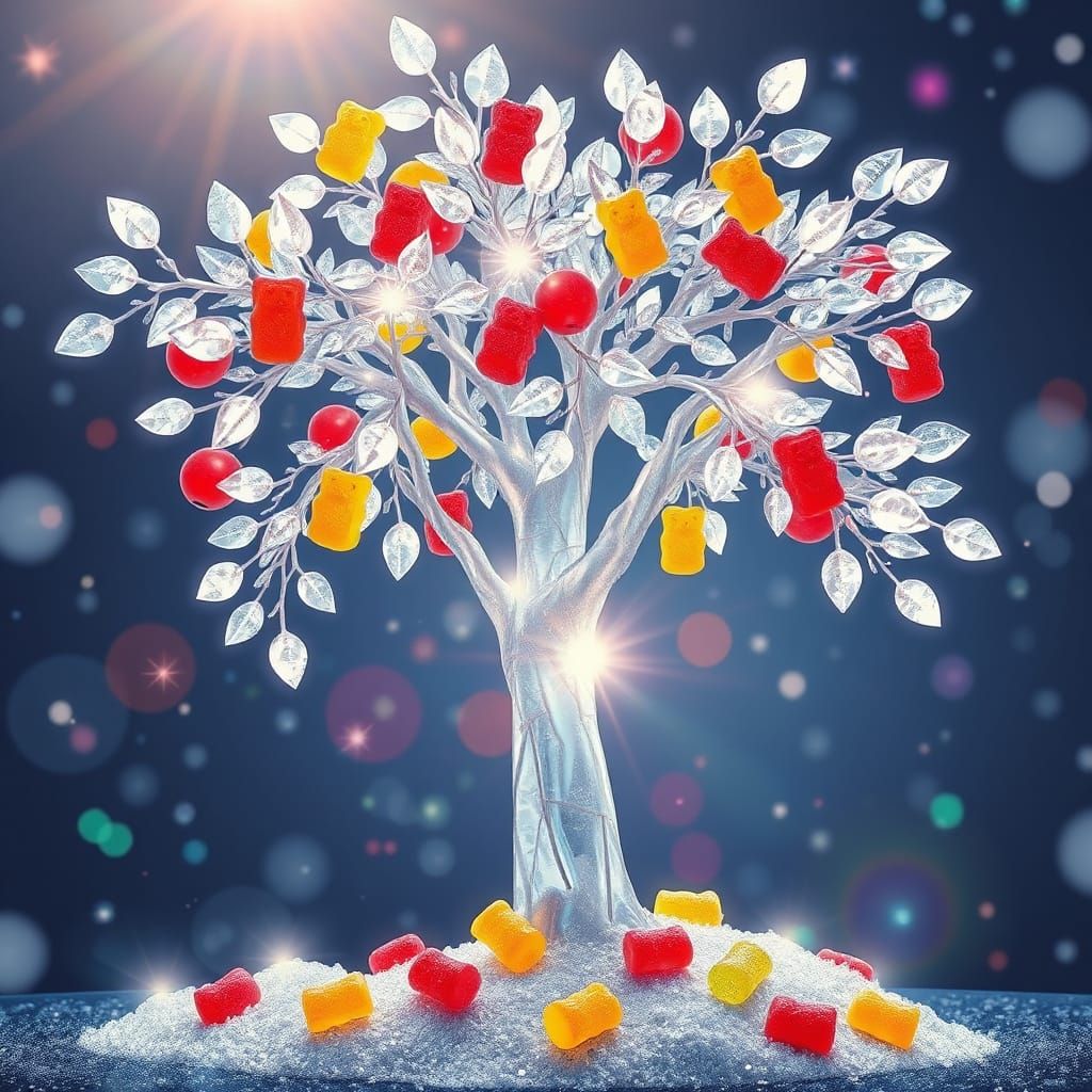 Surreal Tree of Crystal and Gummy Bears in a Glittering Back...