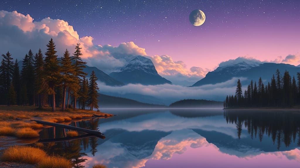 Twilight Mountain Lake Reflection in Photorealistic Style
