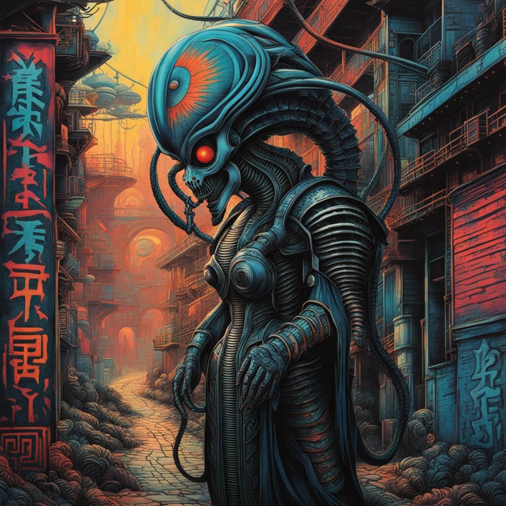 Dystopian Ukiyo-e Graffiti in Triadic Colors