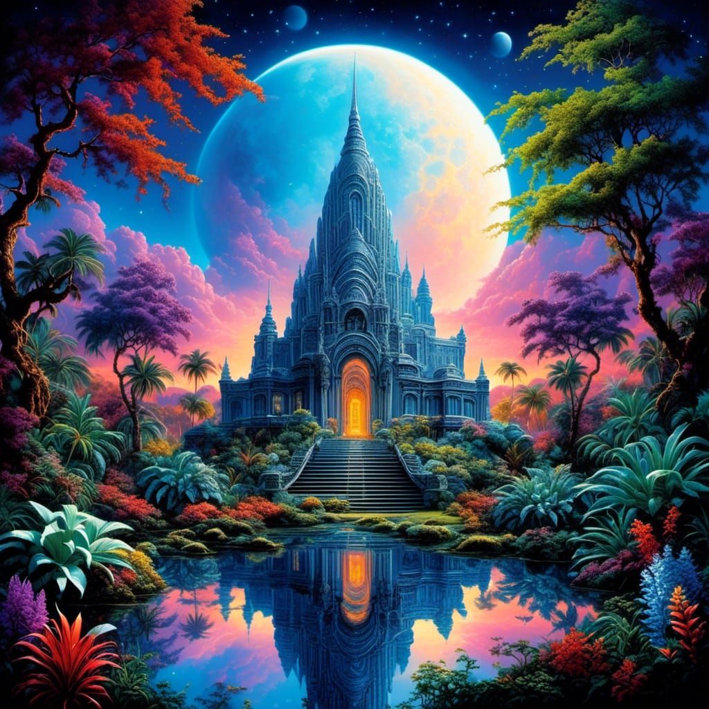 Shimmering Moonstone Temple in Colorful Galaxy Setting