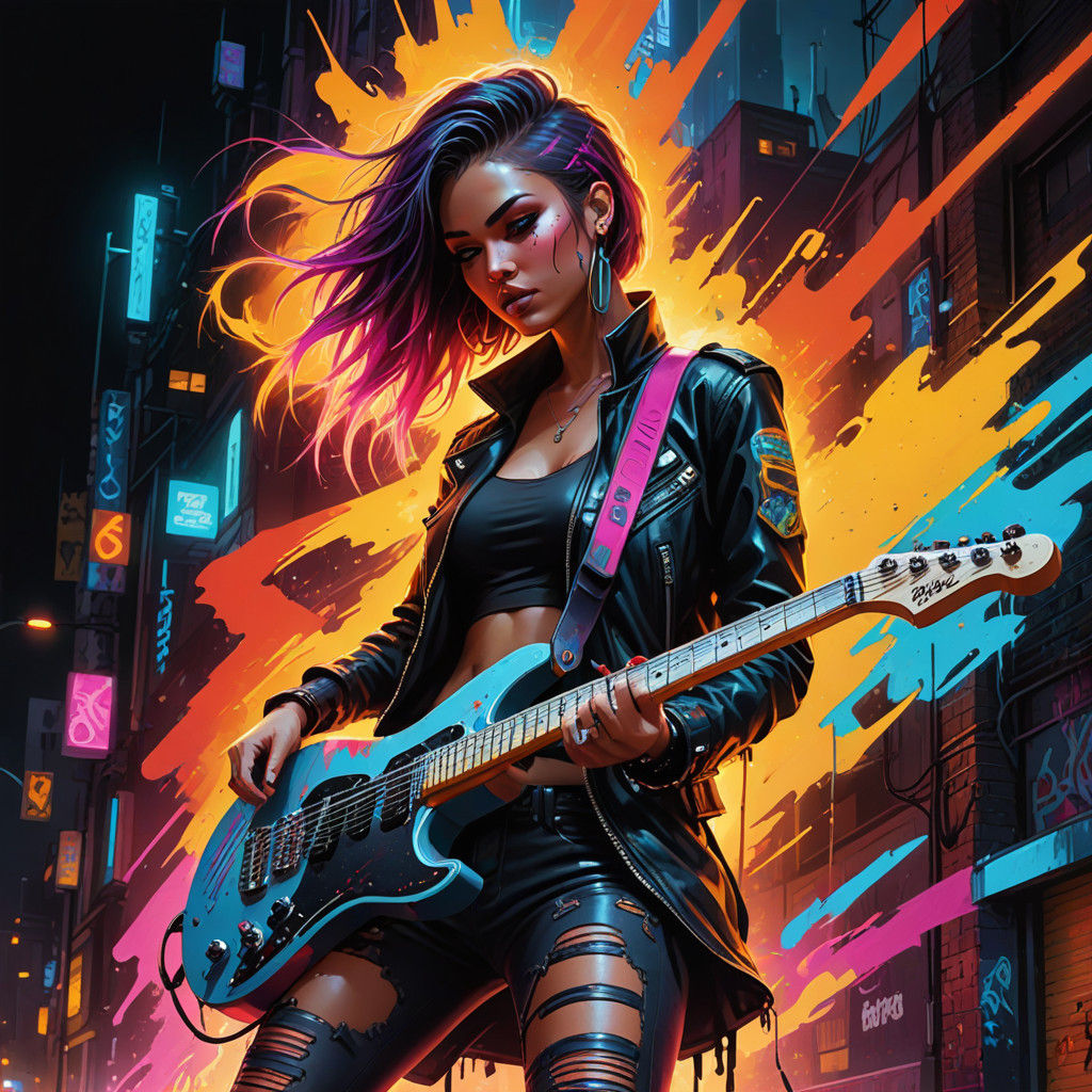 Cyberpunk Guitarist Shines in Neon City Night