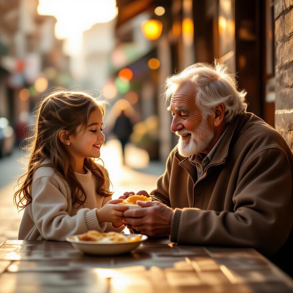 Girl Shares Food with Homeless Man in Golden Hour Light