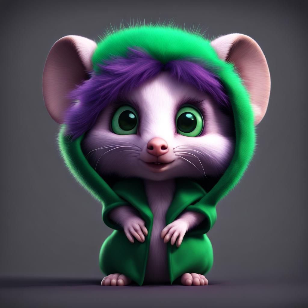 Pixar-Style Chibi Opossum Portrait in Emerald and Purple