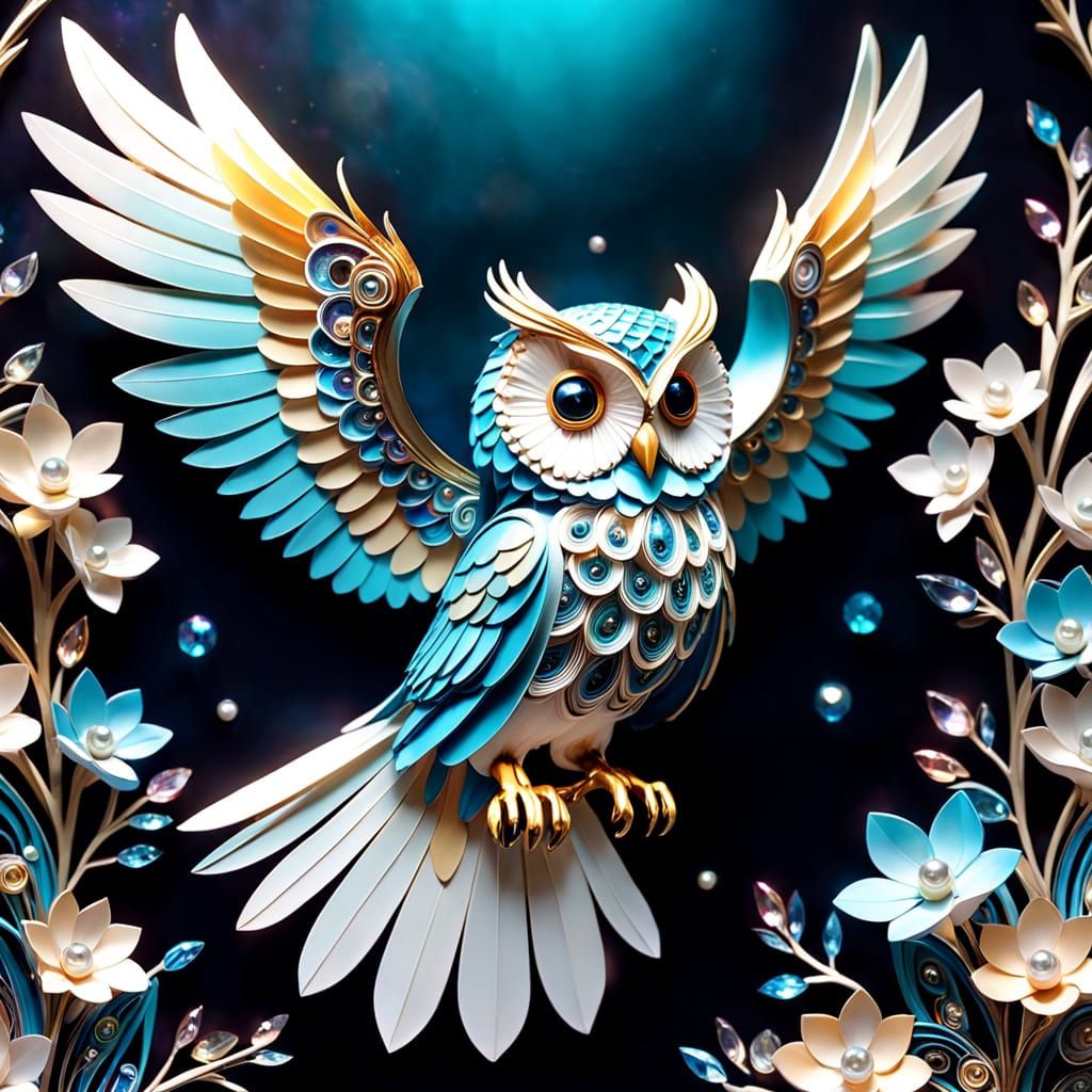 Hyper-Realistic Papercraft Owl with Jeweled Wings