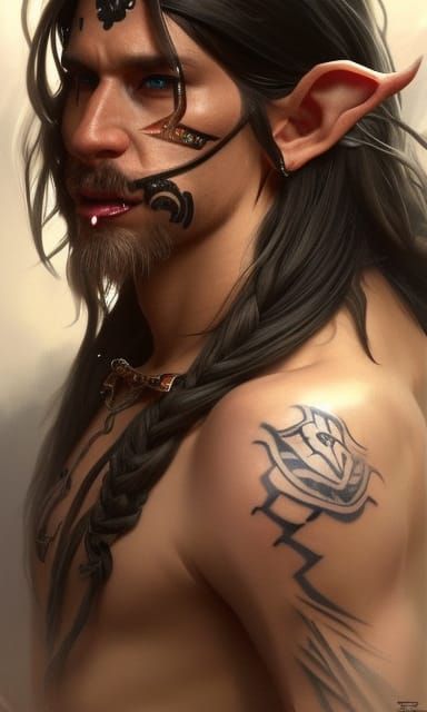 Detailed Elf Portrait with Tribal Tattoo Art