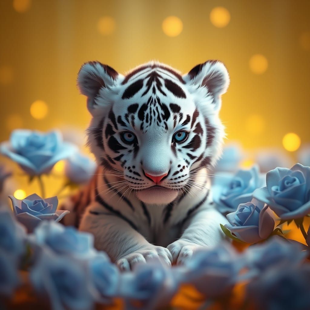 Whimsical Tiger Cub Amidst Enchanted Blue Roses in a Dreamli...