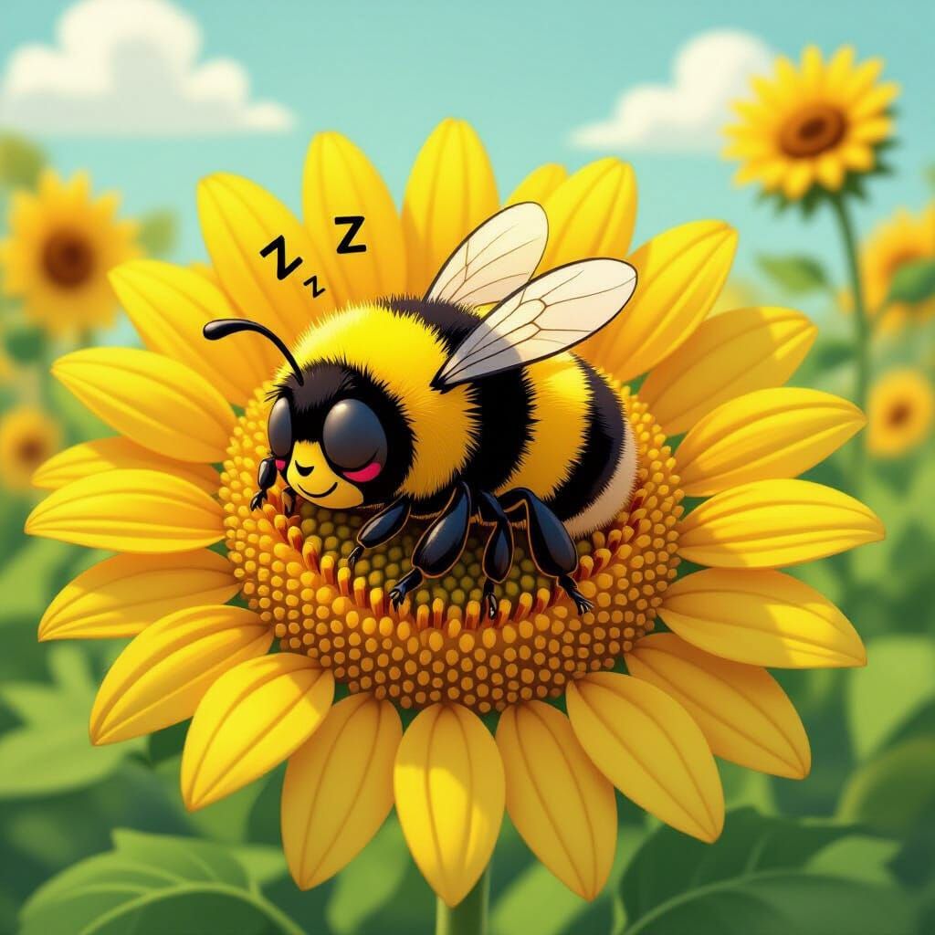 Cartoon Bumblebee Napping on Sunflower