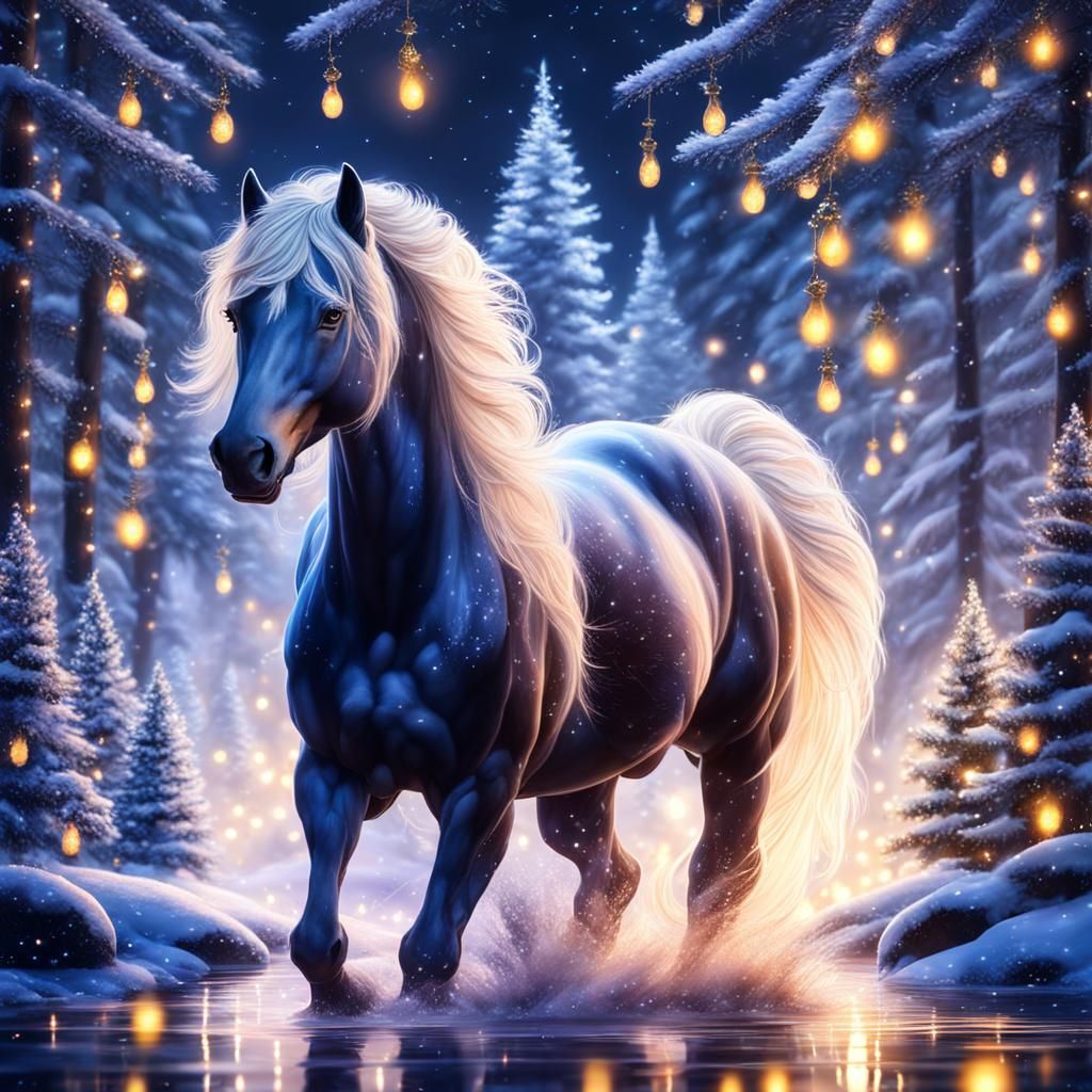 Fantasy Stallion in Christmas Forest at Night