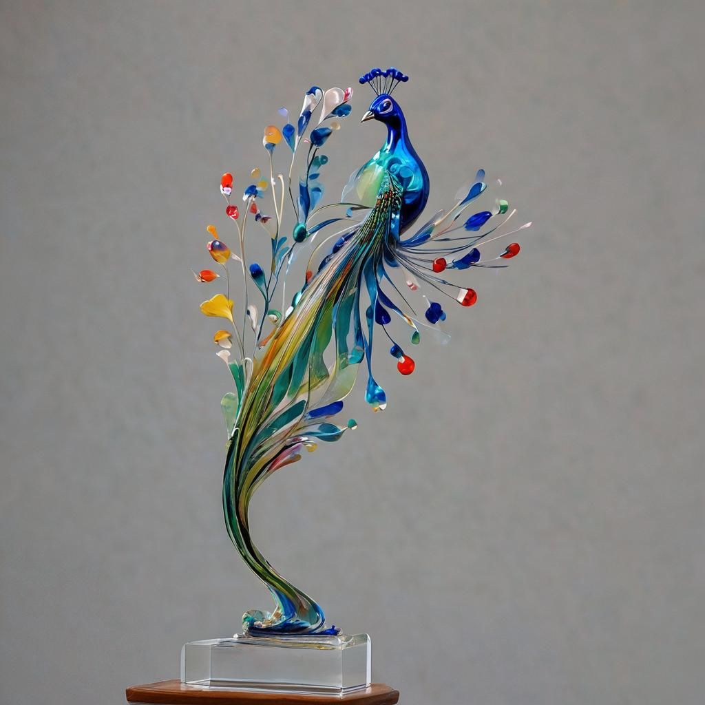Rainbow Peacock Glass Sculpture in Art Nouveau Style