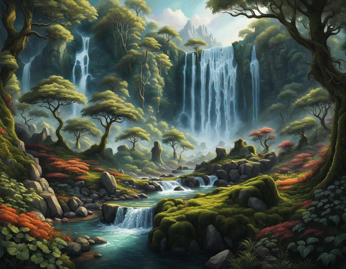 Mythical Being Amidst Waterfall Landscape