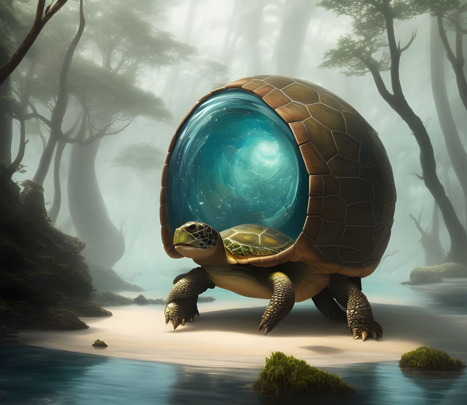 Surreal Turtle with Lagoon Shell, Fantasy Art