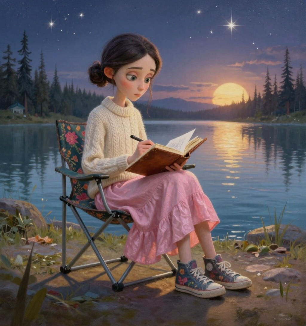 Whimsical Girl Sketching by Starry Lake