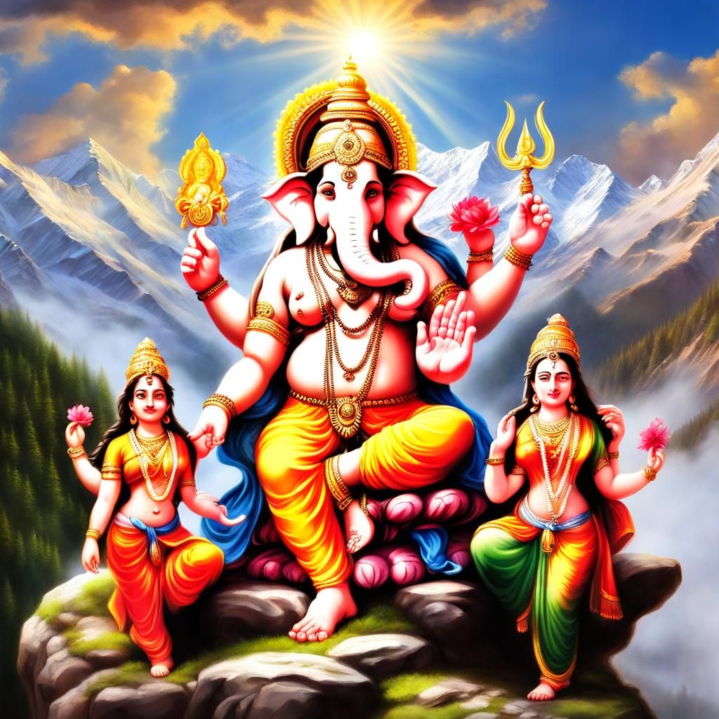 Lord Ganesha with Shiva and Parvati in Himalayas