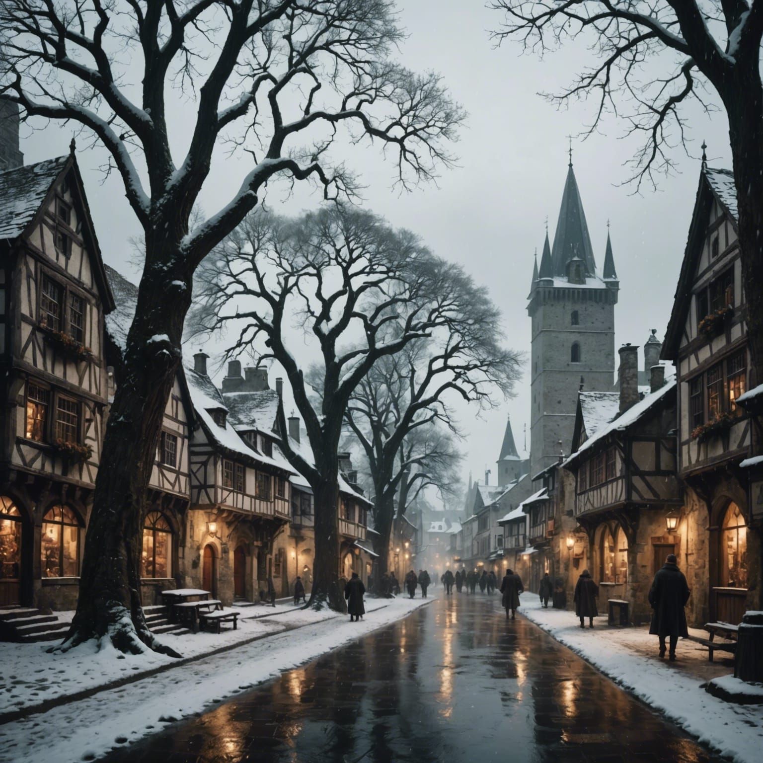 Snowy Medieval Town on a Riverbank